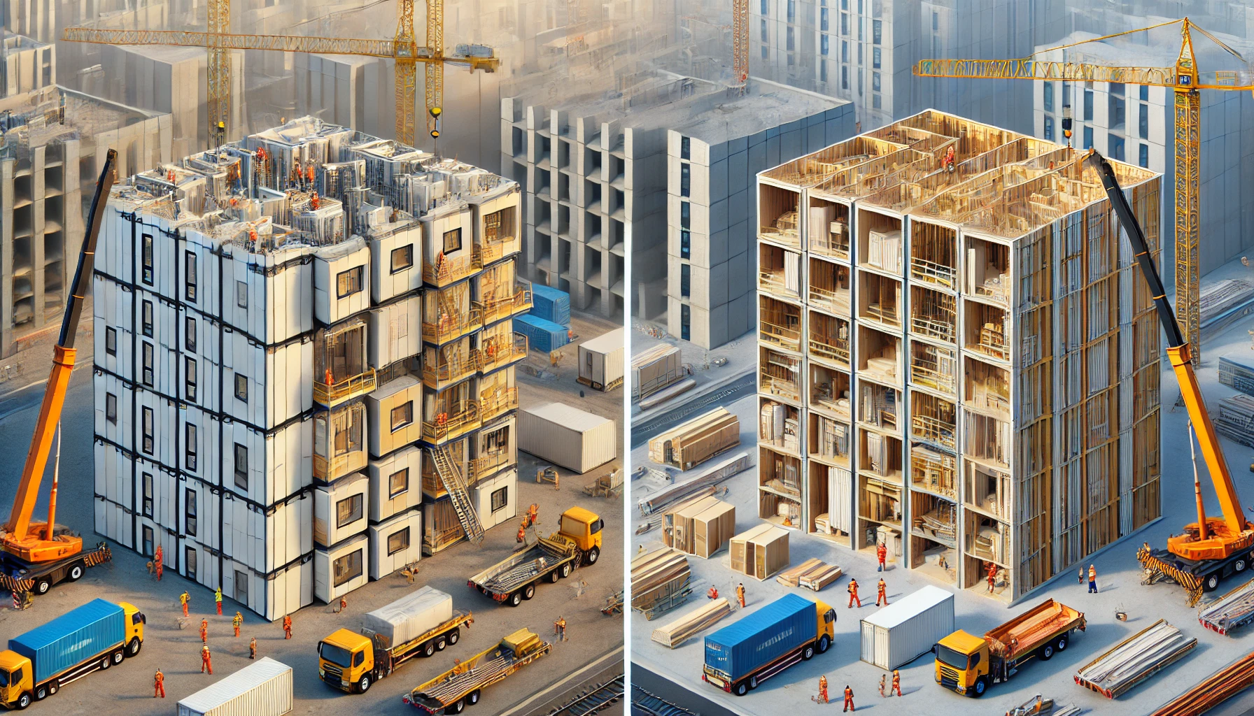 Unit modular structure on the left, semi-panelizing structure on the right (Source - chat gpt)