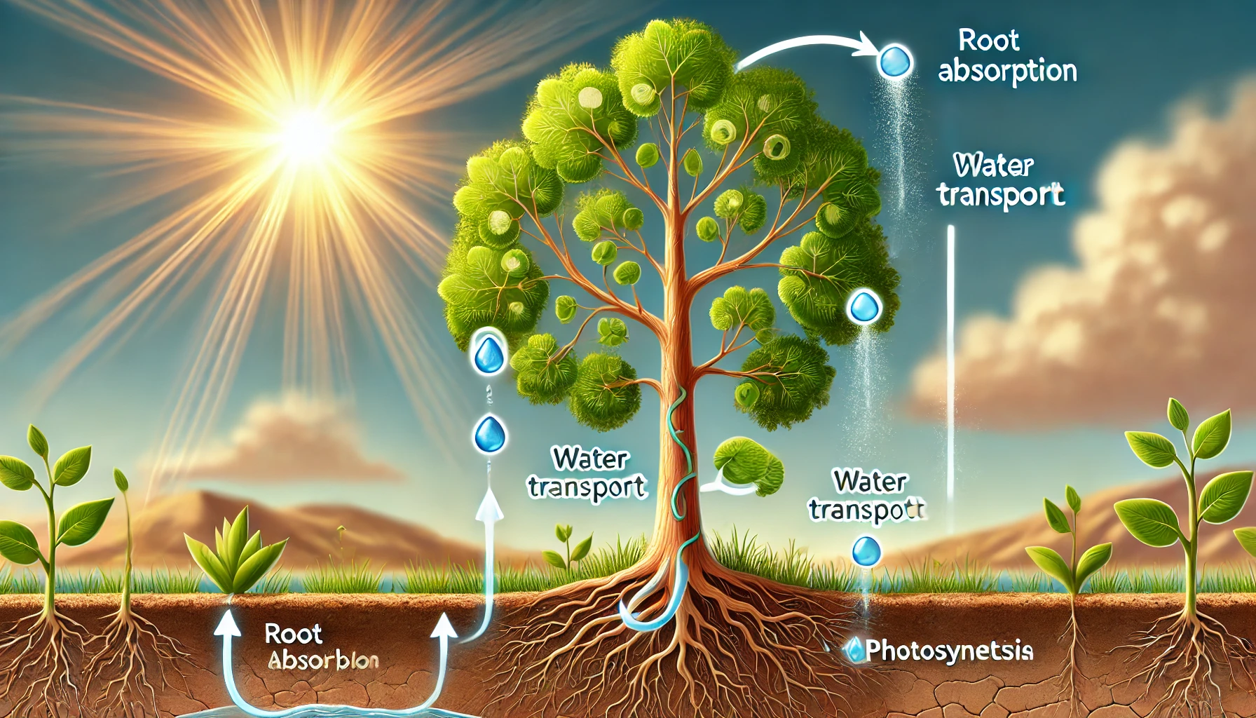 The process by which water is absorbed from the roots of a tree and pulled up to the tips of the leaves (Source - CHAT GPT)