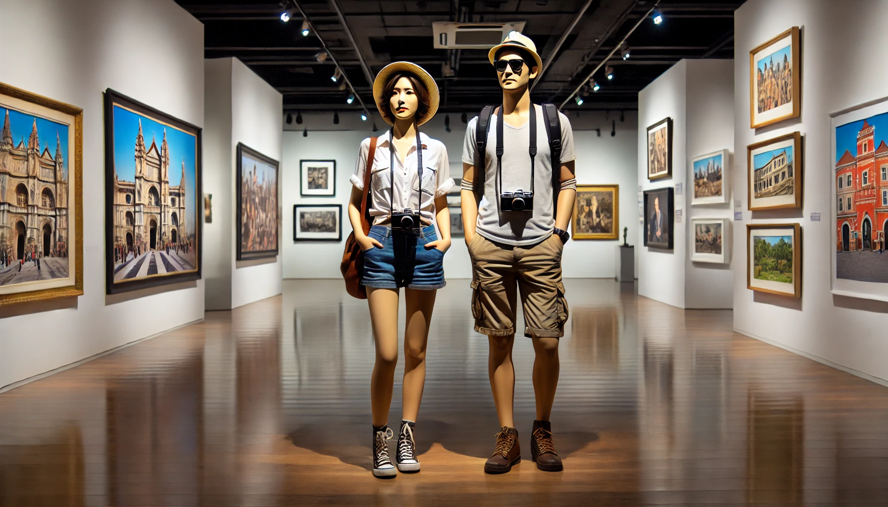 A sculpture of a couple dressed as tourists expressing hyperrealism in an art museum (Source - CHAT GPT)