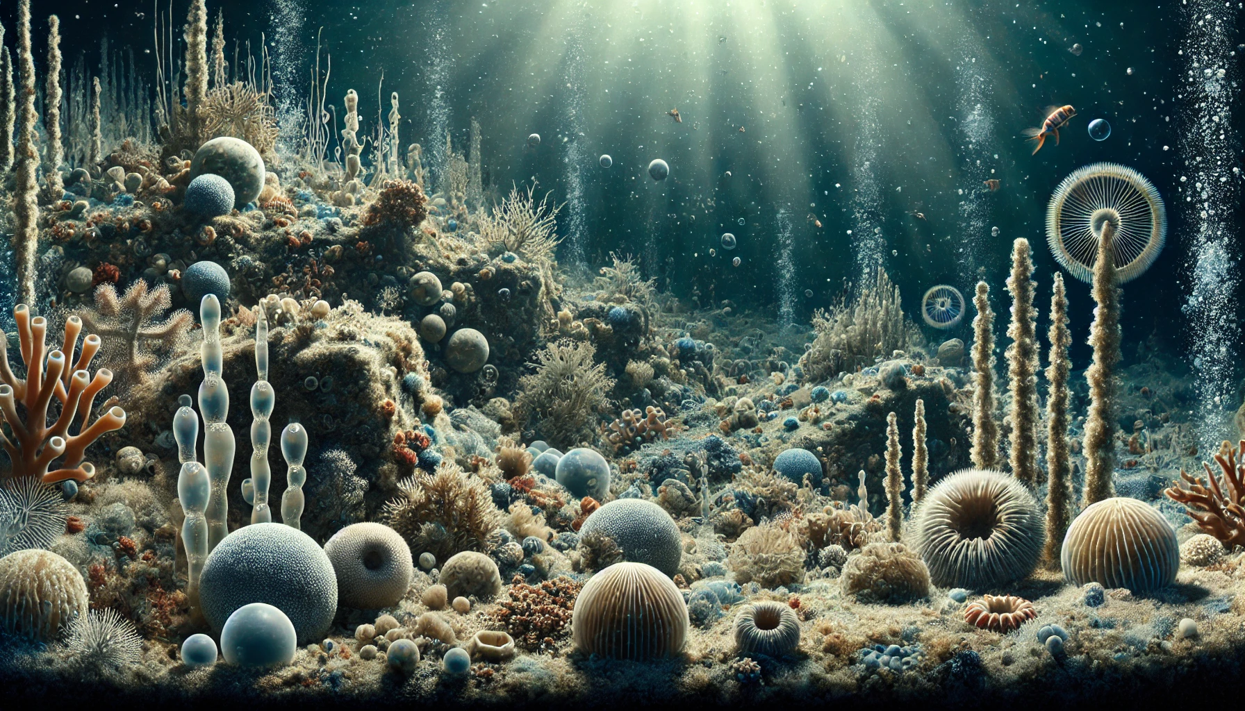 Various sediments and organisms on the deep seabed (Source - CHAT GPT)