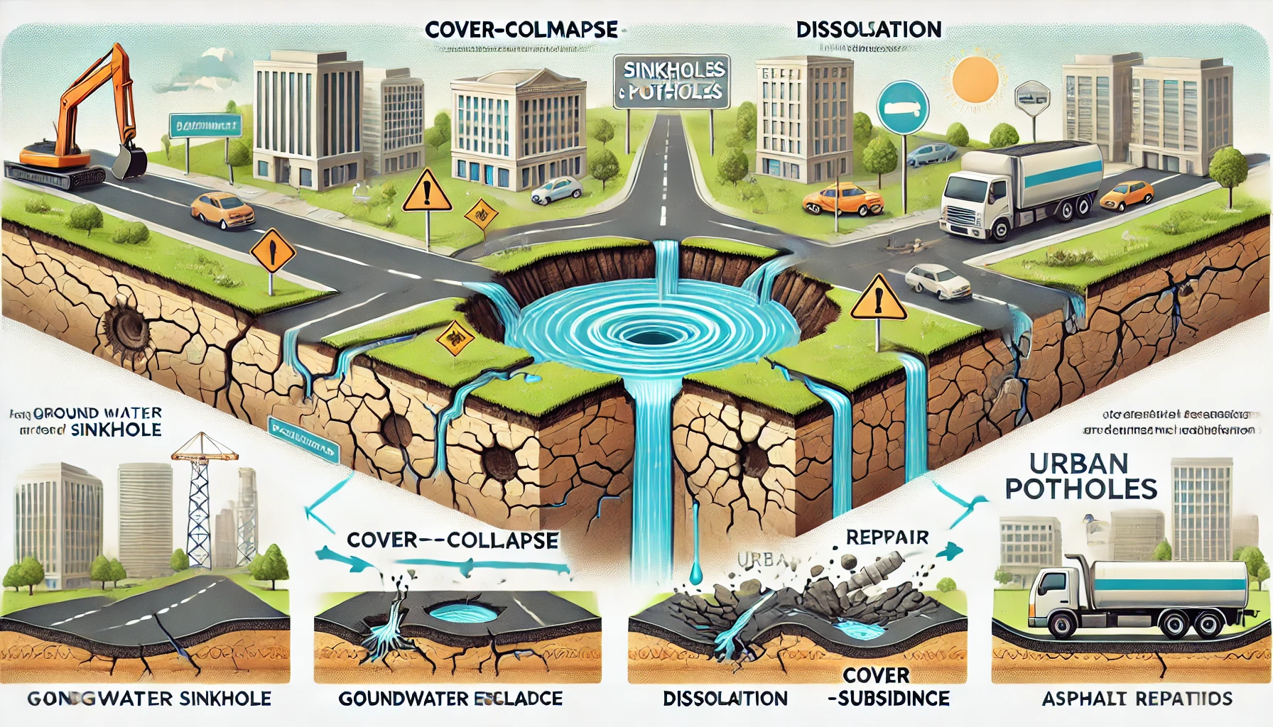 Illustration explaining the formation and repair of sinkholes and pot holes (Source - chat gpt)