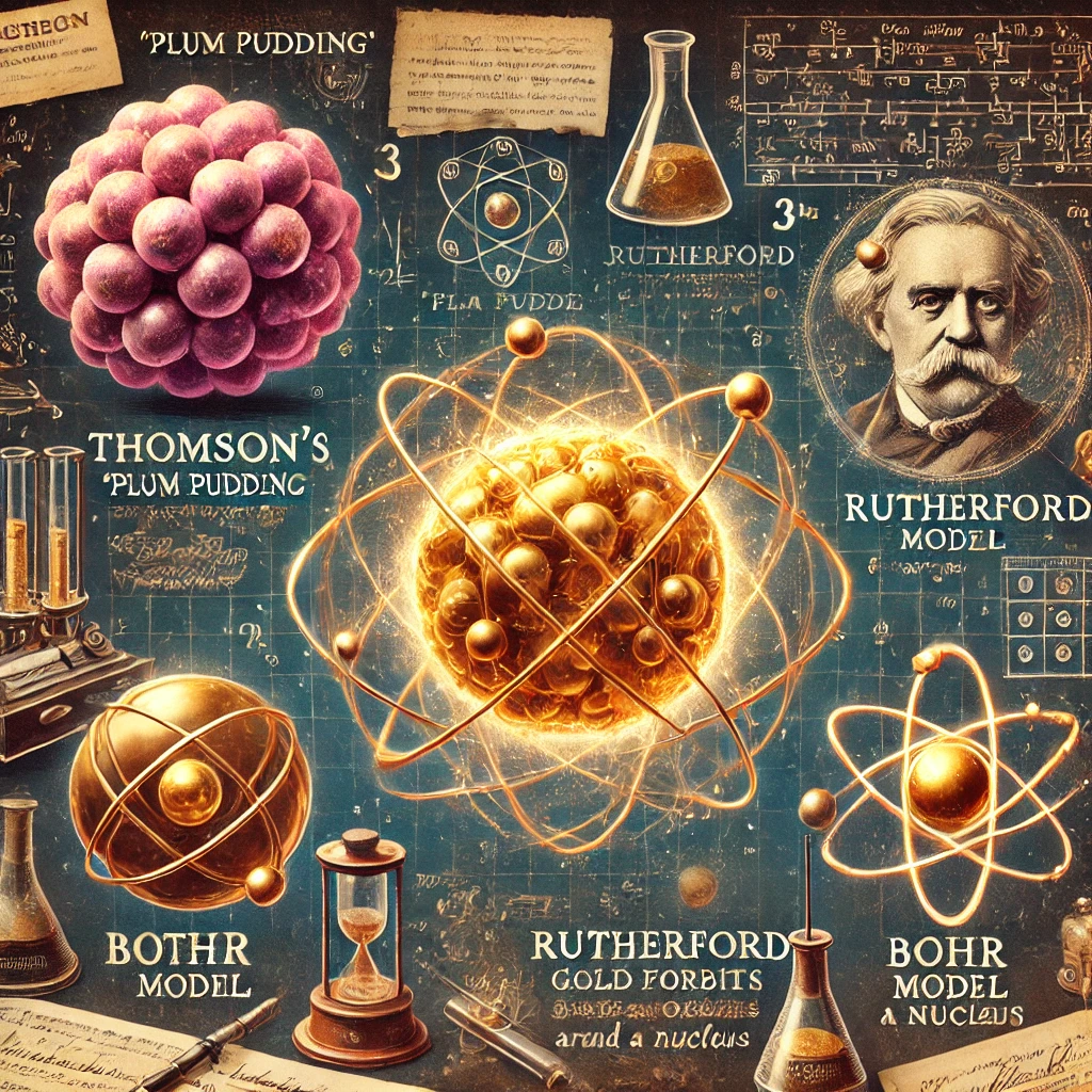 Scientific illustration explaining the structure and development of the atom (Source - CHAT GPT)