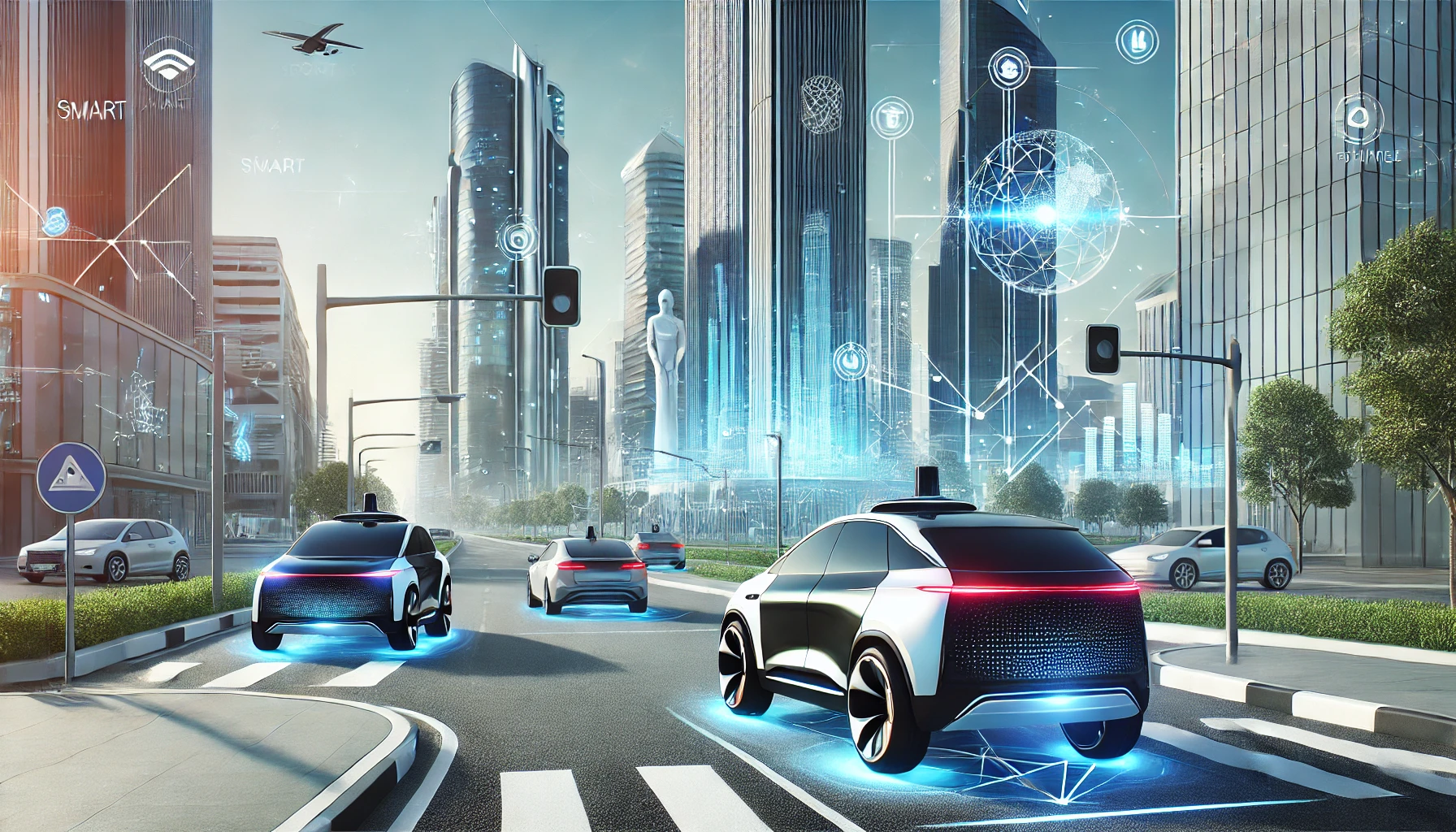 Self-driving cars and smart transportation systems in high-tech cities of the future (Source - CHAT GPT)