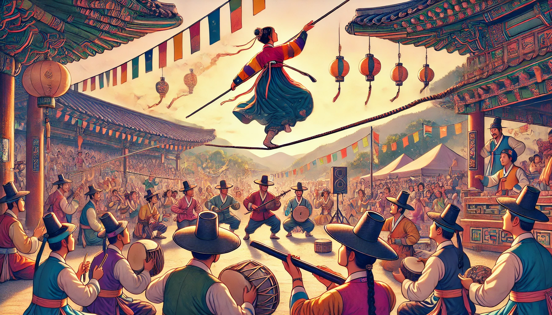 A scene from a traditional Korean tightrope walking performance (Source - CHAT GPT)