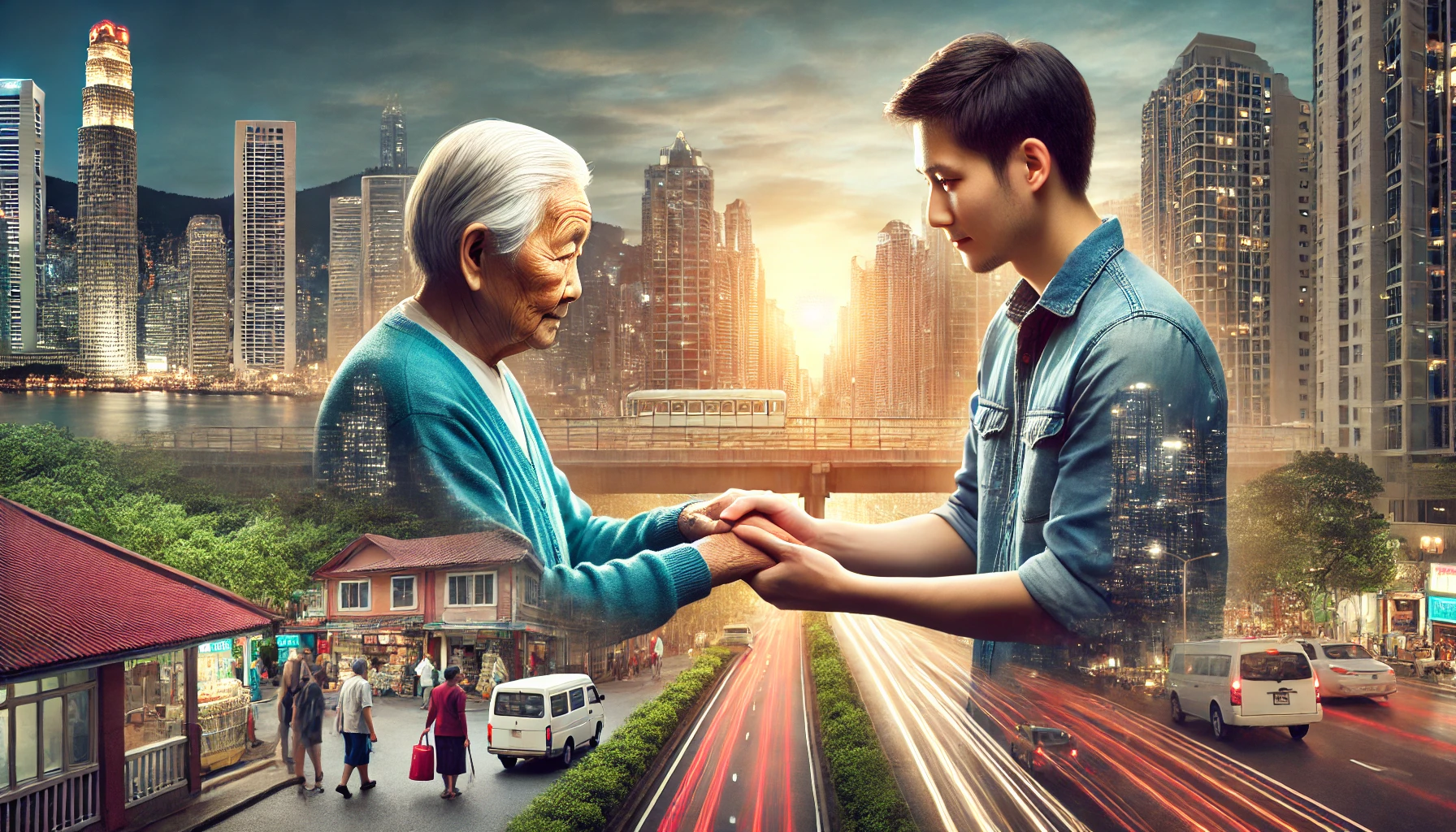 A young person helps an elderly person with respect in a modern busy city center (Source - CHAT GPT)