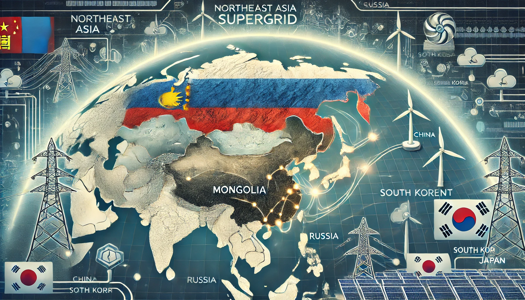 Photo illustrating the concept of the Northeast Asian supergrid (Source - CHAT GPT)