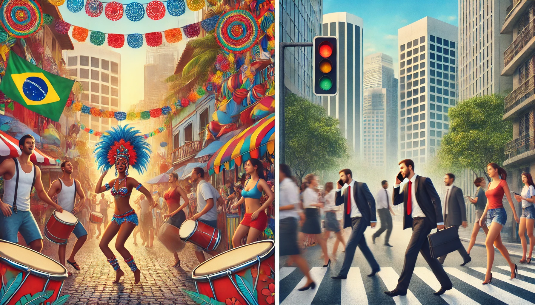 An image that visually captures the contrast between the relaxed festival scene in Brazil and the hectic city life (Source - CHTAT GPT)