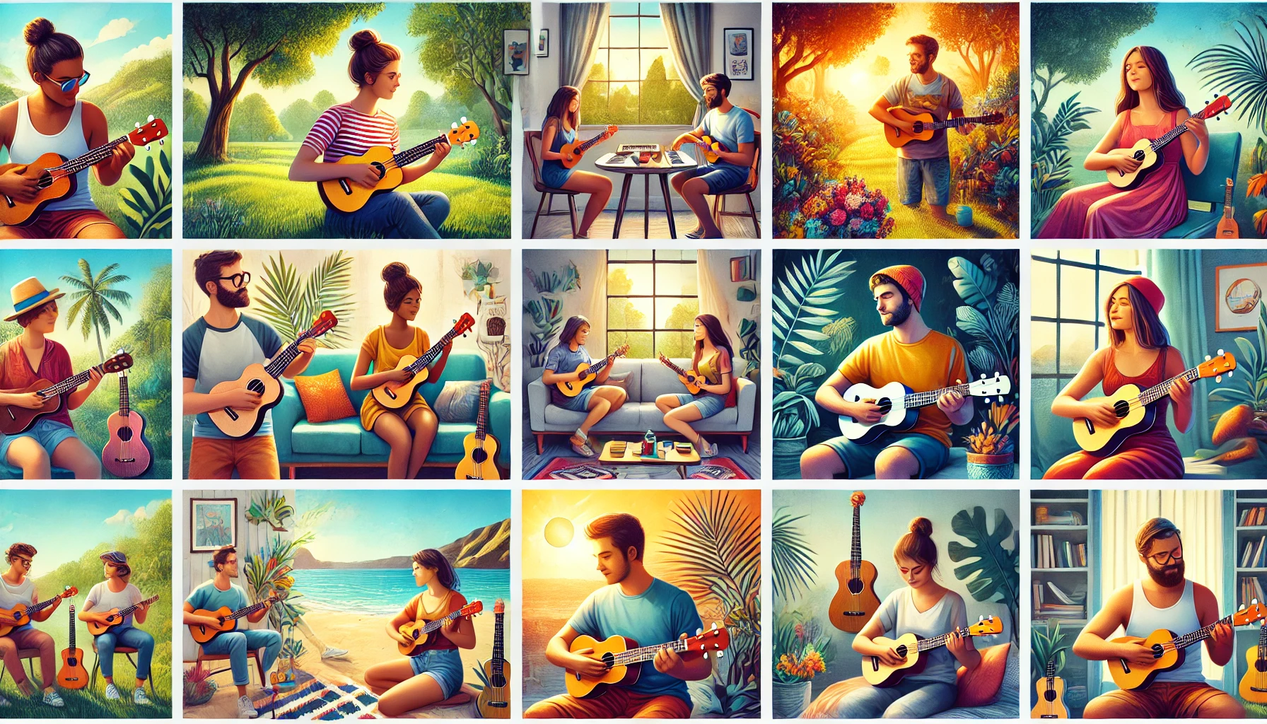 A group of people playing ukuleles in various places and having a good time (Source - CHAT GPT)