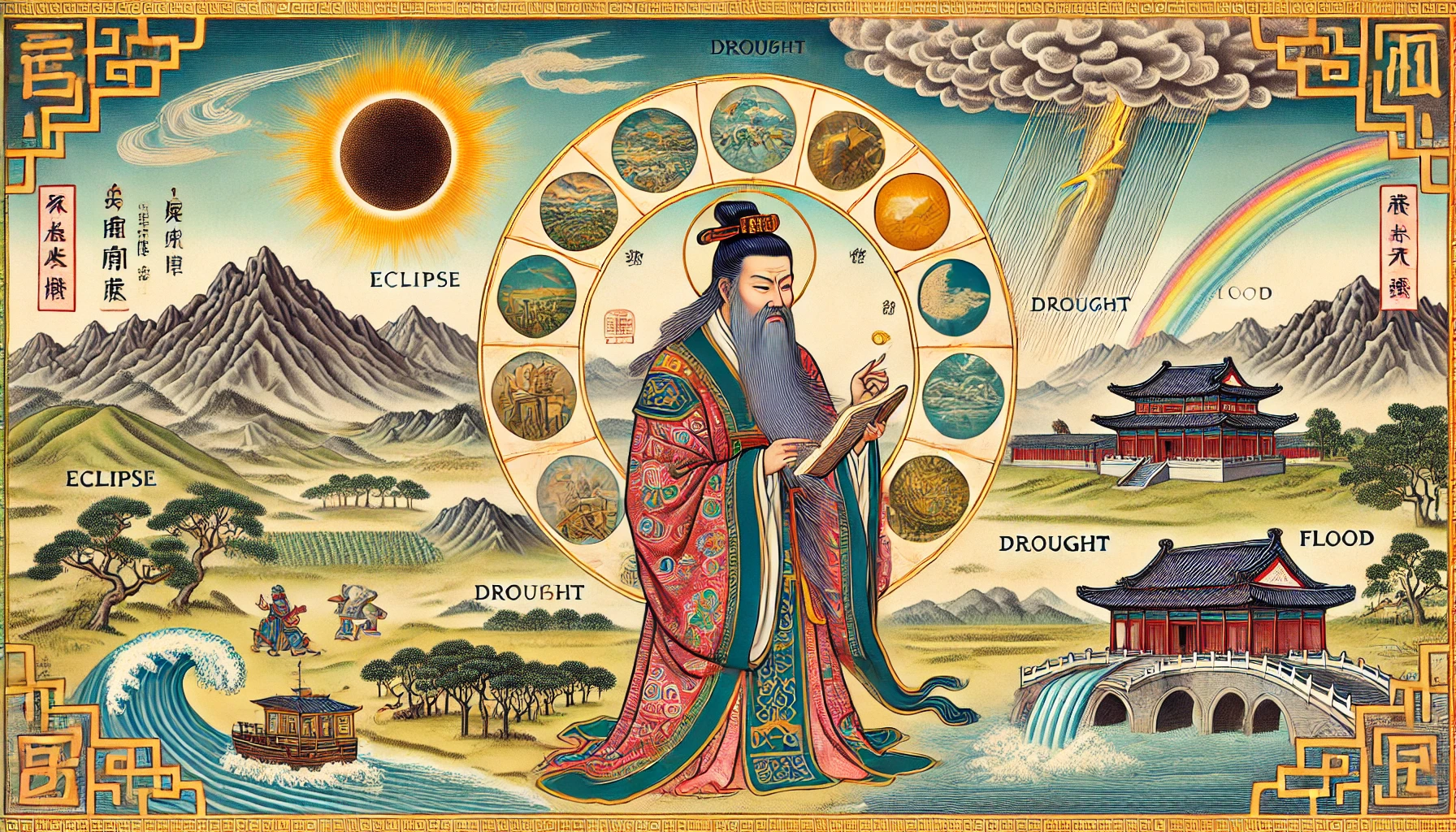 Traditional East Asian illustration depicting the theory of disaster (Source - CHAT GPT)